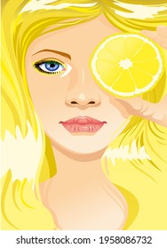 fresh face lemon yellow background lady eyes