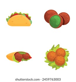 Fresh falafel icons set cartoon vector. Falafel full of meat and fresh vegetable. Jewish, arabic cuisine