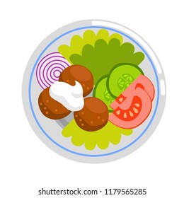 Fresh falafel on plate. Traditional middle east meal. Jewish, arabic cuisine. Vector illustration isolated on white background.