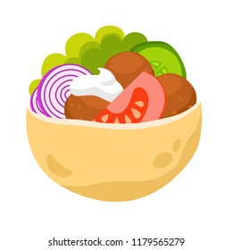 Fresh falafel in pita. Traditional middle east meal. Jewish, arabic cuisine. Vector illustration isolated on white background.