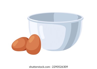 Frische Hühnereier und tiefgründige Schüssel. Ungekochte Rohzutat in der Schale, in der Schale und in der Schale zum Kochen. Flache Vektorgrafik einzeln auf weißem Hintergrund
