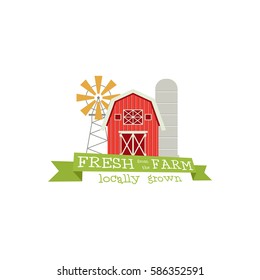 Fresh from the Farm concept logo. Template with farm landscape, windmill. Label for natural farm products. Colorful logotype isolated on white background. Vector illustration