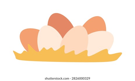 Fresh farm eggs in various brown and cream colors nestled in a yellow nest simple illustration