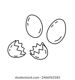 Fresh farm eggs whole and broken, doodle style flat vector outline for coloring book