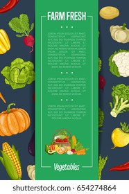 Fresh farm food banner vector illustration. Natural vegetable, organic farming retail, vegan product store poster. Healthy farm food advertising with corn, pepper, radish, broccoli, pumpkin, cabbage