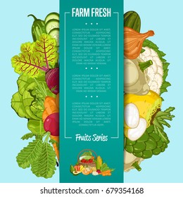 Fresh farm food banner vector illustration. Natural vegetable, organic farming retail, vegan product store poster. Healthy farm food advertising with pepper, carrot, beet, patison, radish, broccoli