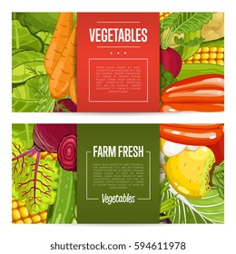 Fresh farm food banners vector illustration. Natural vegetable, organic farming retail, vegan product store poster. Healthy farm food advertising with potato, corn, cabbage, tomato, radish, pepper