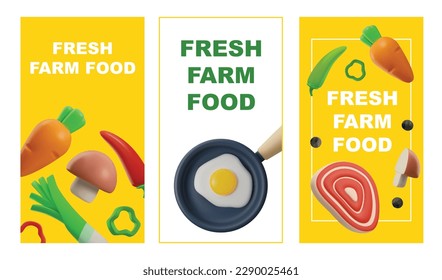 Fresh farm food posters set with 3D food objects, realistic vector illustration. Organic farm food and vegetables, natural products label or banner templates.