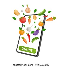 Fresh Farm grocery market. Food service online order and Delivery. Mobile smartphone with natural vegetables and a click button on the screen. Vector illustration isolated on a white background