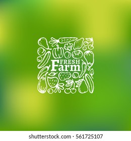 Fresh farm label with fruit and vegetables on a mesh background. Vector illustration.