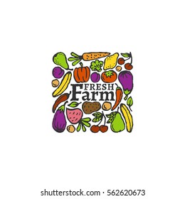 Fresh farm label with fruit and vegetables. Vector illustration.