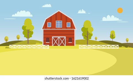 Fresh Farm landscape.Summer farm landscape with trees, clouds and sun. Rural scenery with barn Vector illustration

