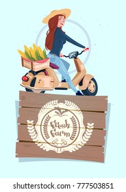 Fresh Farm Logo Banner With Female Farmer On Electric Scooter Transport With Box Of Vegetables Flat Vector Illustration