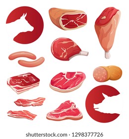 Fresh farm meat and meat product icons vector set