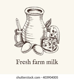 Fresh farm milk logotype. Hand drawn milk products icon. Vector illustration