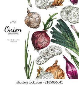 Fresh farm onion banner template hand drawn sketch vector illustration. Farm organic production advertising banner background with various kinds of onion.