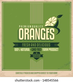 Fresh farm product poster design. Oranges retro logo label. Promotional vintage printing material for healthy food product. Fruits vector illustration.