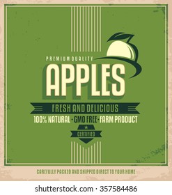 Fresh farm product poster design. Apples retro logo label. Promotional vintage printing material for healthy food. Fruits vector illustration.