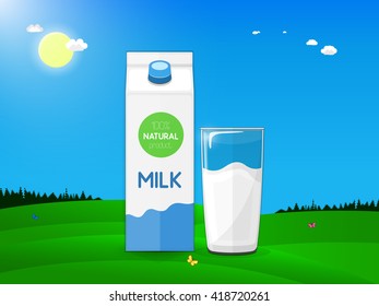 Fresh farm products. Carton and glass of milk on the background of a country landscape with green meadows, blue sky and bright sun. Vector illustration