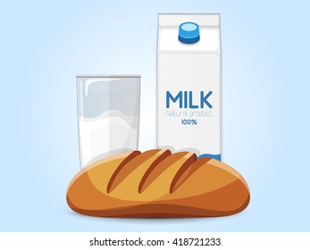 Fresh farm products. Carton, glass of milk, bread on the blue background. Vector illustration