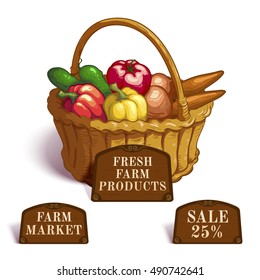 Fresh farm products composition with vegetables in wicker basket and brown tablets with offers vector illustration