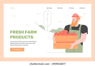 Fresh farm products. Local market. Landing page design concept. Cute man character with box of apples. Harvest, agriculture. Vector flat illustration.