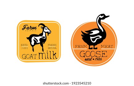 Fresh Farm Products Logo Design Templates Set, Organic Meat, Goat Milk Retro Labels, Farm Market, Butchery Shop Badges Cartoon Style Vector Illustration