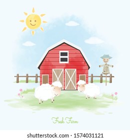 Fresh farm sheep, scarecrow and barn hand drawn animal illustration watercolor background