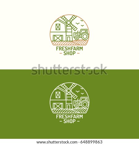 Fresh farm shop logo set color line with farm landscape on background for nature firm, garden, natural product company, healthy food market, vegan cafe, eco store, farming. Vector Illustration