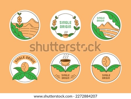 fresh from farm single origin coffee badge design with mountain landscape and coffee tree, branch and beans.