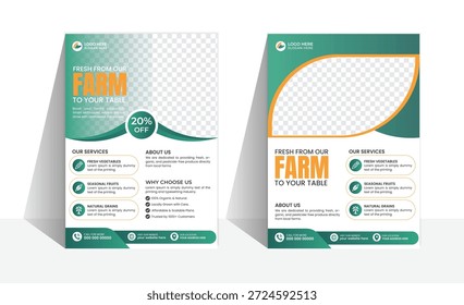 Diseño de volante fresco de la granja a la mesa para verduras y frutas orgánicas. Ideal para mercados de agricultores, tiendas de alimentos orgánicos y proveedores de granos naturales. Llamativo tema verde y naranja.