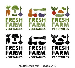 Fresh farm vegetables. Vertical hand drawn poster, label with isolated elements, lettering. Color and black silhouette illustration on white background. Vector graphic set for print of organic food