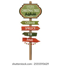 Fresh farm wooden pointer with signs spruce, pine, fir, cedar. Christmas trees road sign with arrows. Illustrated vector clipart.