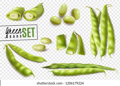 Fresh farmer market organic green beans realistic set with whole and cut pods transparent background vector illustration 