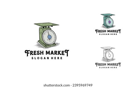 Fresh Farmer Market with scale symbol logo vector, fruit scales hand drawn vintage logo