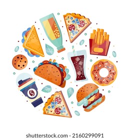 Fresh Fast Food and Drink Arranged in Circle Vector Template