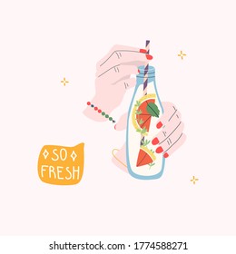 So fresh. Female hand holding bottle with fruit water. Flat vector illustration.