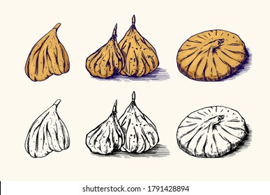 Fresh fig. Dried fruit Foliage. Detox spice. Vector Engraved hand drawn sketch for stamp, t-shirt or typography or menu. 