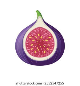 Fig fresco com metade de pele roxa exibindo suculentas sementes vermelhas e amarelas no interior, perfeita representação de frutas doces tropicais