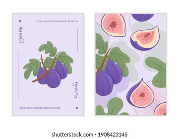 Fresh figs card design. Sweet figs fruit on branch with leaves vector hand drawn poster concept. Bright tasty tropical fruits. Juice or jam banner template.