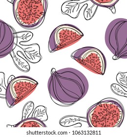 Fresh figs seamless pattern. Fruit with half and quarter isolated on white background. Vector.