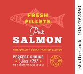 Fresh Fillets Premium Quality Label . Abstract Vector Fish Packaging Design Layout. Retro Typography with Borders and Hand Drawn Salmon Silhouette Background.