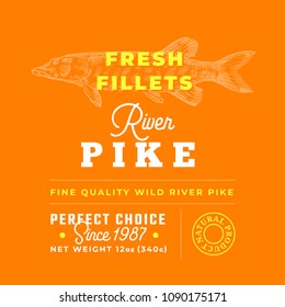 Fresh Fillets Premium Quality Label . Abstract Vector Fish Packaging Design Layout. Retro Typography with Borders and Hand Drawn Pike Silhouette Background.