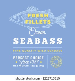 Fresh Fillets Premium Quality Label . Abstract Vector Seabass Fish Packaging Design Layout. Retro Typography with Borders and Hand Drawn Sea Bass Silhouette Background.