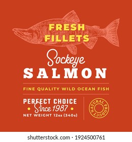 Fresh Fillets Premium Quality Label. Abstract Vector Fish Packaging Design Layout. Retro Typography with Borders and Hand Drawn Sockeye Salmon Silhouette Background.