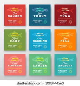 Fresh Fillets Premium Quality Labels Set. Abstract Vector Fish Packaging Design Layout. Retro Typography with Borders and Hand Drawn Fish Silhouette Background.