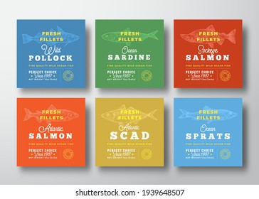 Fresh Fillets Premium Quality Labels Collection. Abstract Vector Seafood Packaging Design Layouts Set. Retro Typography with Borders and Hand Drawn Wild Ocean Fish Silhouettes Backgrounds Bundle.