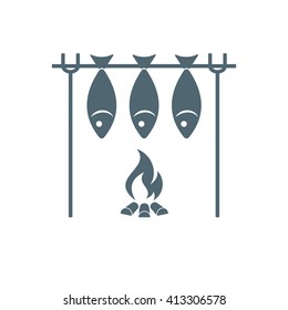 Fresh fish above camp fire icon. Vector illustration

