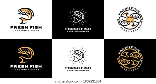 Fresh Fish Aquatic Retro Line Creative Set Collection For Business Logo