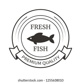 Fresh fish black marine seafood product isolated on white, vector. Logo design with monochrome silhouette of underwater animal in circle, advertising label